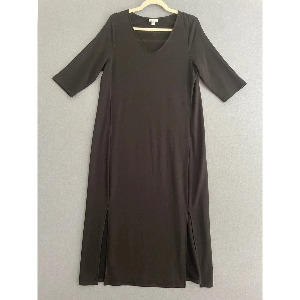 Pure Jill Luxe Tencel M Petite Dress Black VNeck Midi Minimalist 1/2 Sleeve Soft